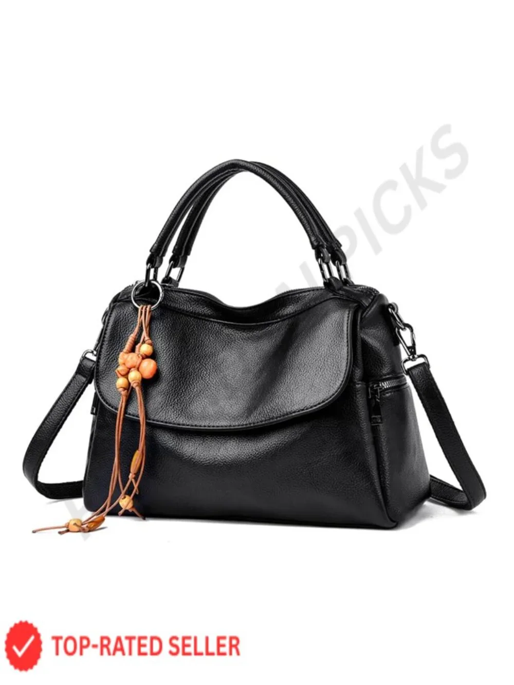 Vegan Leather Satchel Handbag Crossbody Shoulder Bag with Handmade Pendant
